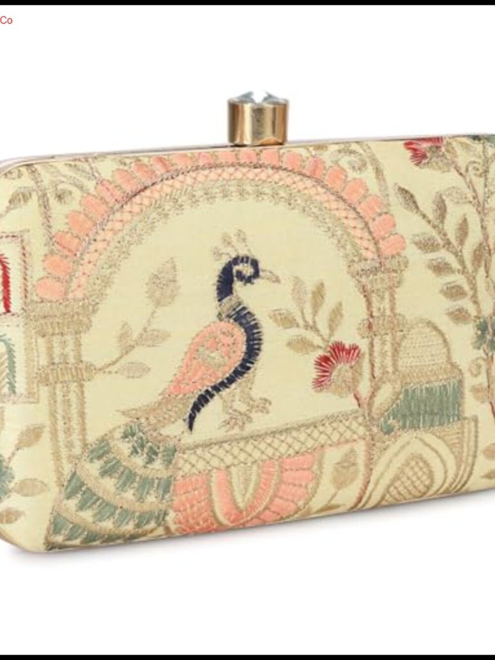 Embroidered Evening Clutch Box Handbag with Crystal Clasp Gold Metal Frame